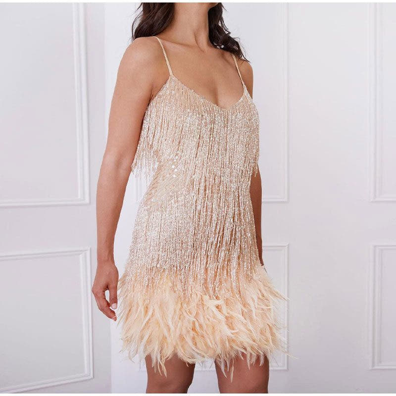 Festliches Kleid mit Pailletten und Federsaum in Minilänge für Damen
