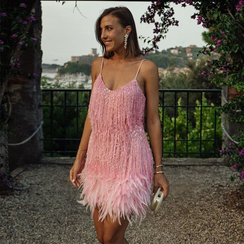 Festliches Kleid mit Pailletten und Federsaum in Minilänge für Damen