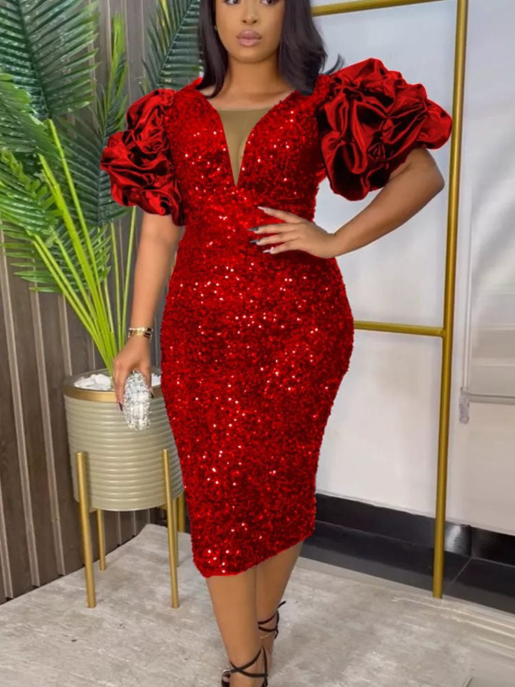 Festliches Kleid mit Pailletten und Puffärmeln mit Raffung für Damen