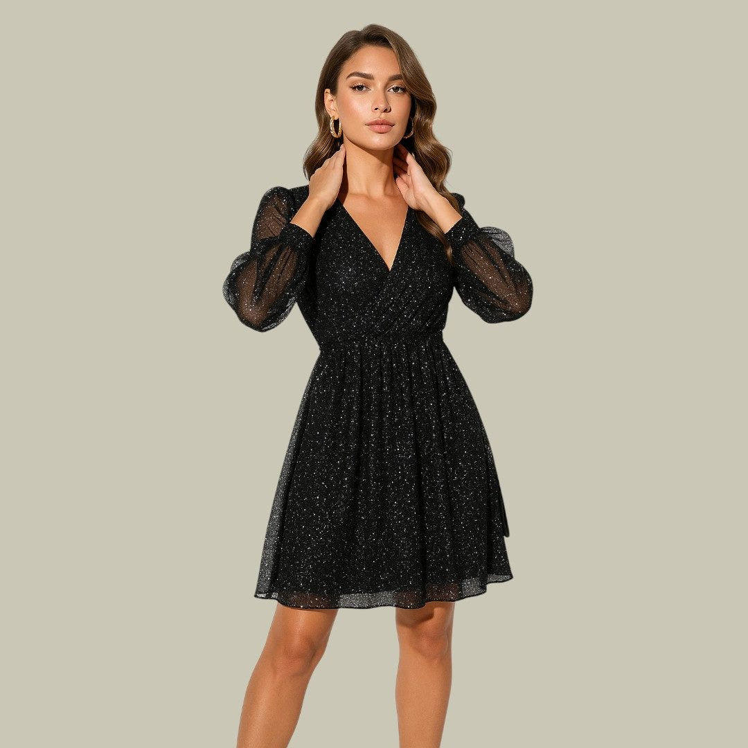 Festliches Kleid mit Wickelausschnitt und Mesh-Ärmeln für Damen