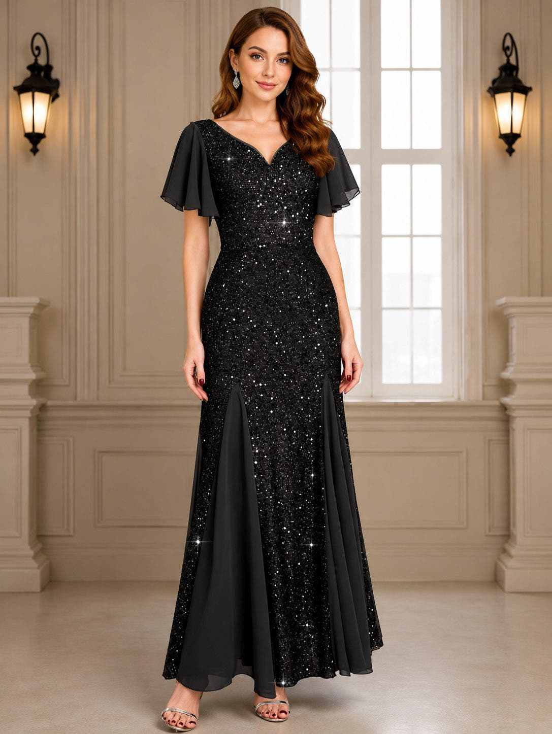 Festliches Kleid mit Paillettenoberteil und Flatterärmeln für Damen