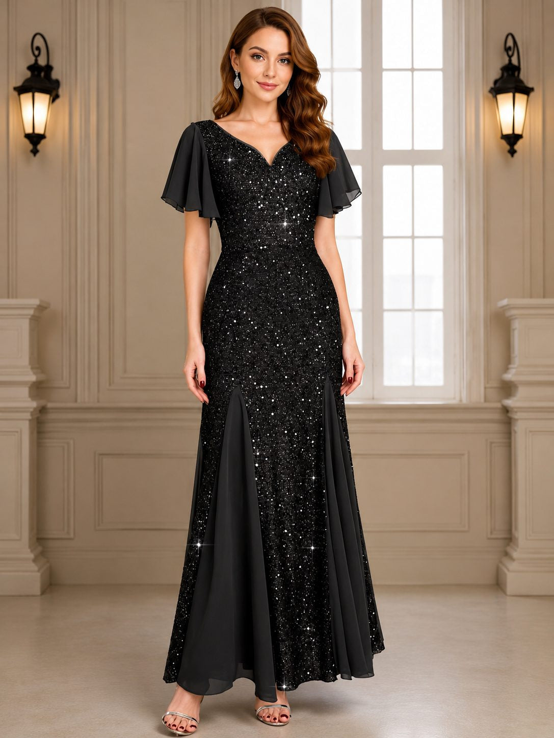 Festliches Kleid mit Paillettenoberteil und Flatterärmeln für Damen