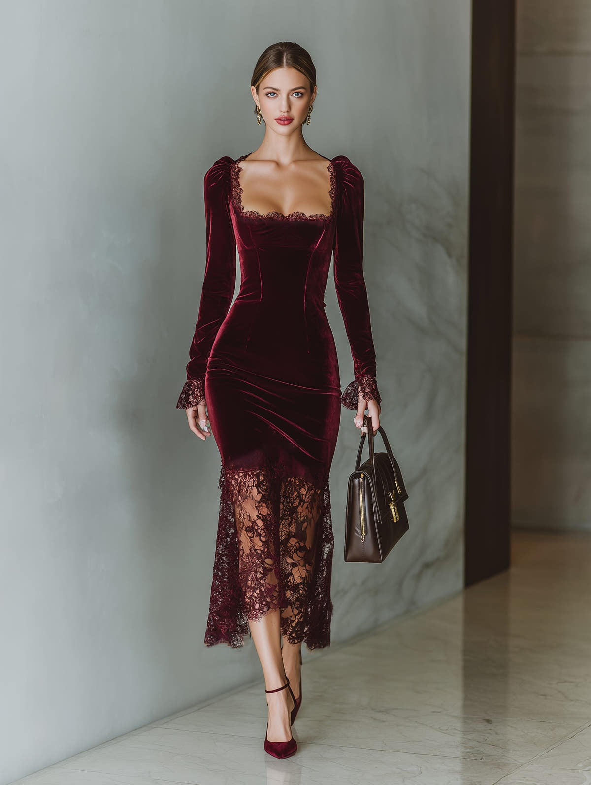 Festliches Kleid mit Spitzenbesatz und eckigem Ausschnitt für Damen