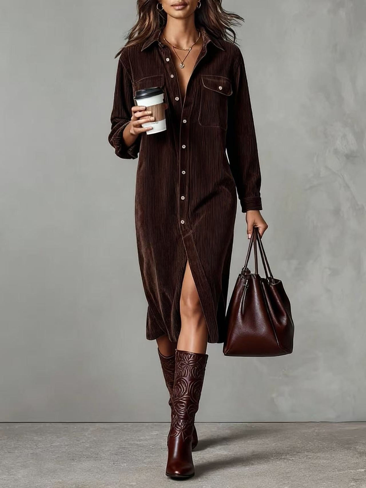 Midikleid aus Cord mit Knopfleiste und lockerer Passform für Damen