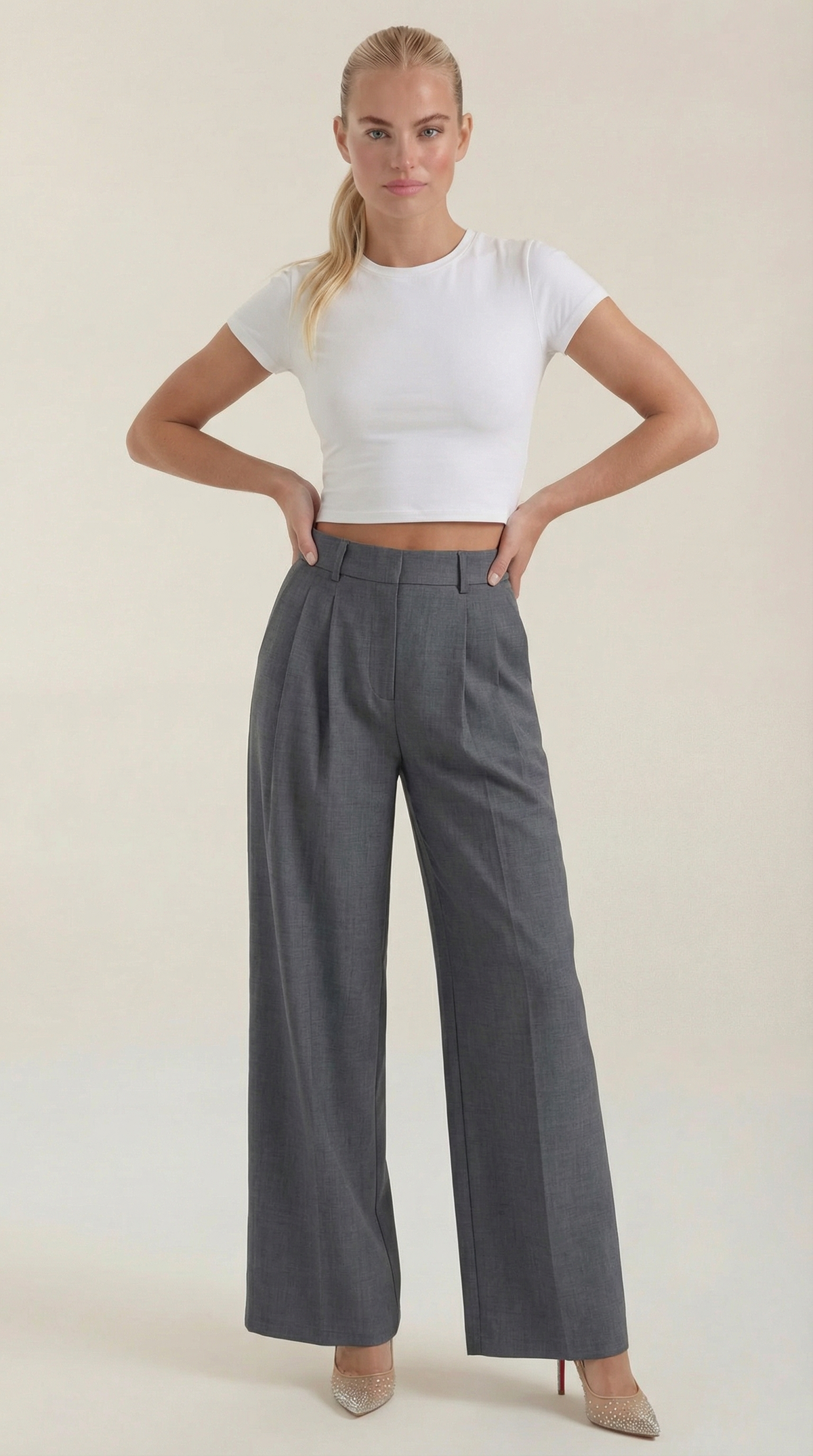 Stoffhose in Anzugoptik mit Bundfalten und weitem Bein für Damen - Grau