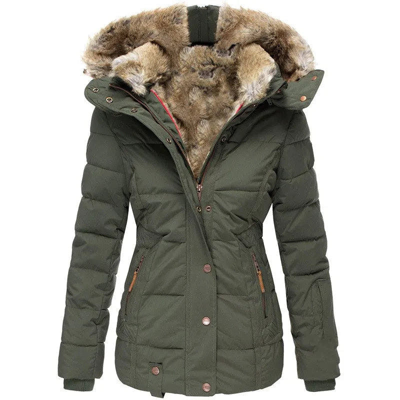 Daunenjacke Damen tailliert, hüftlang mit Kapuze für den Winter