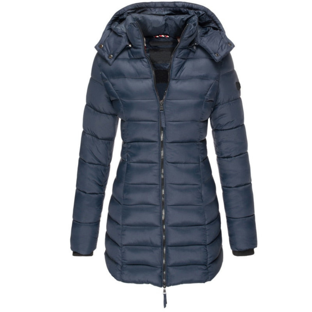 Daunenjacke Damen warm, oberschenkellang mit Kapuze