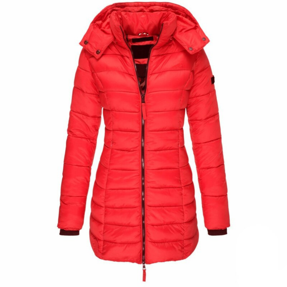 Daunenjacke Damen warm, oberschenkellang mit Kapuze