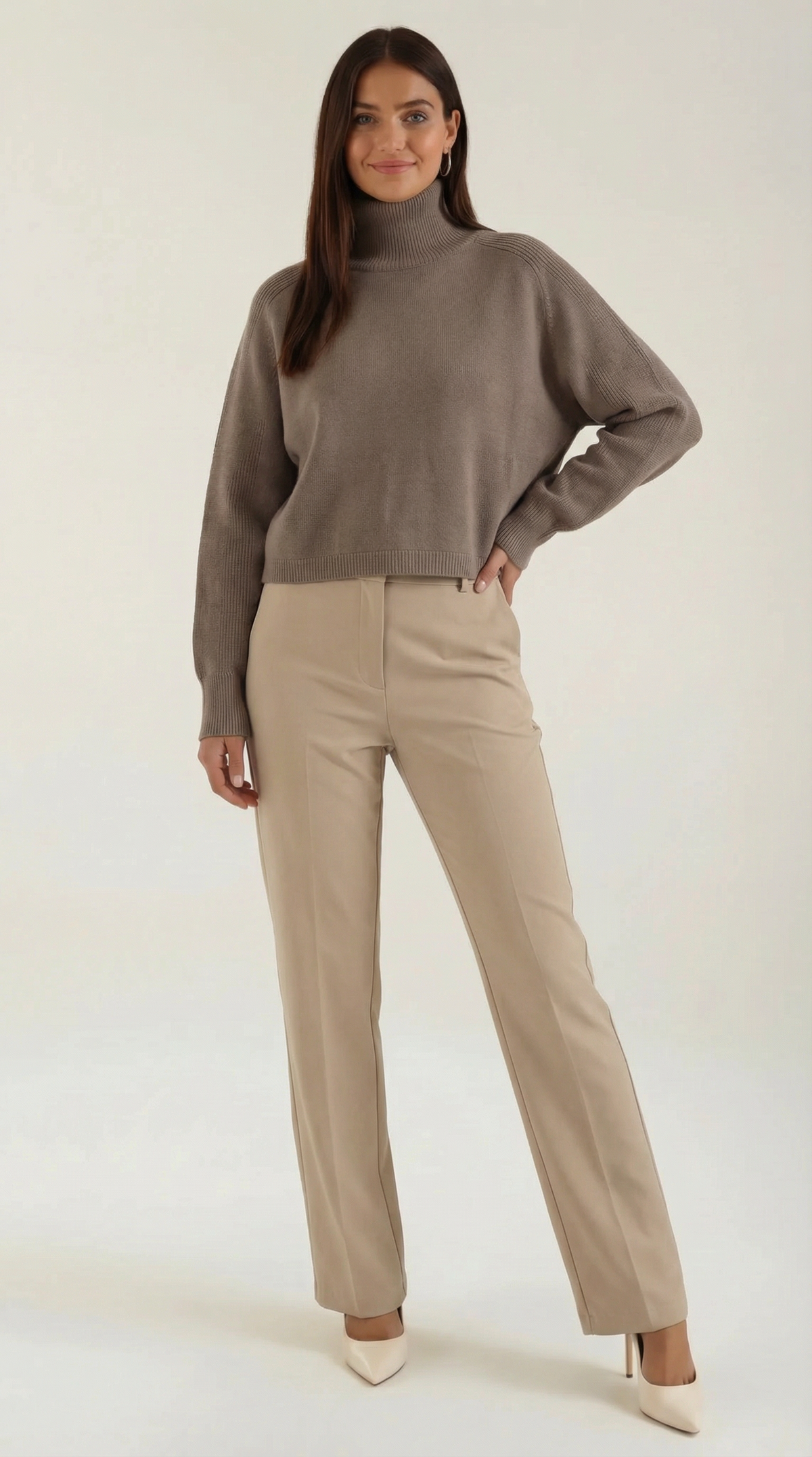 Rollkragenpullover in Oversize mit überschnittenen Schultern für Damen - Braun