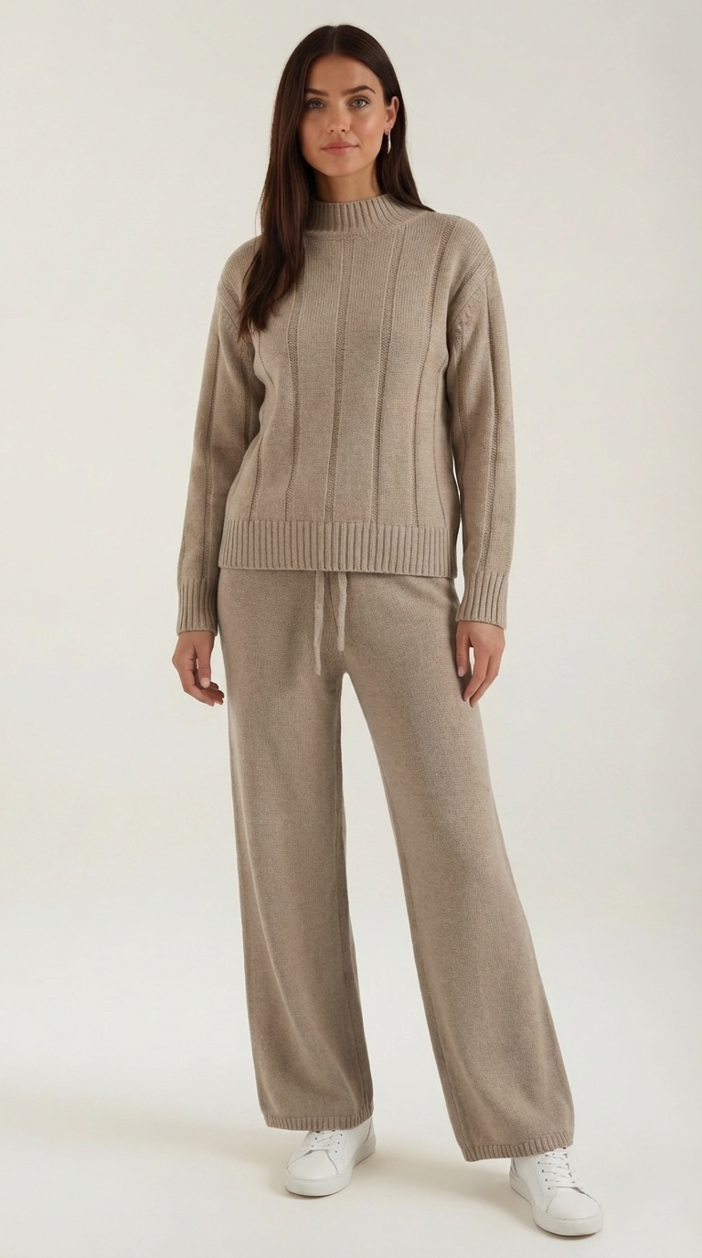 Zweiteiler aus Strickpullover und weiter Hose mit Kordelzug für Damen