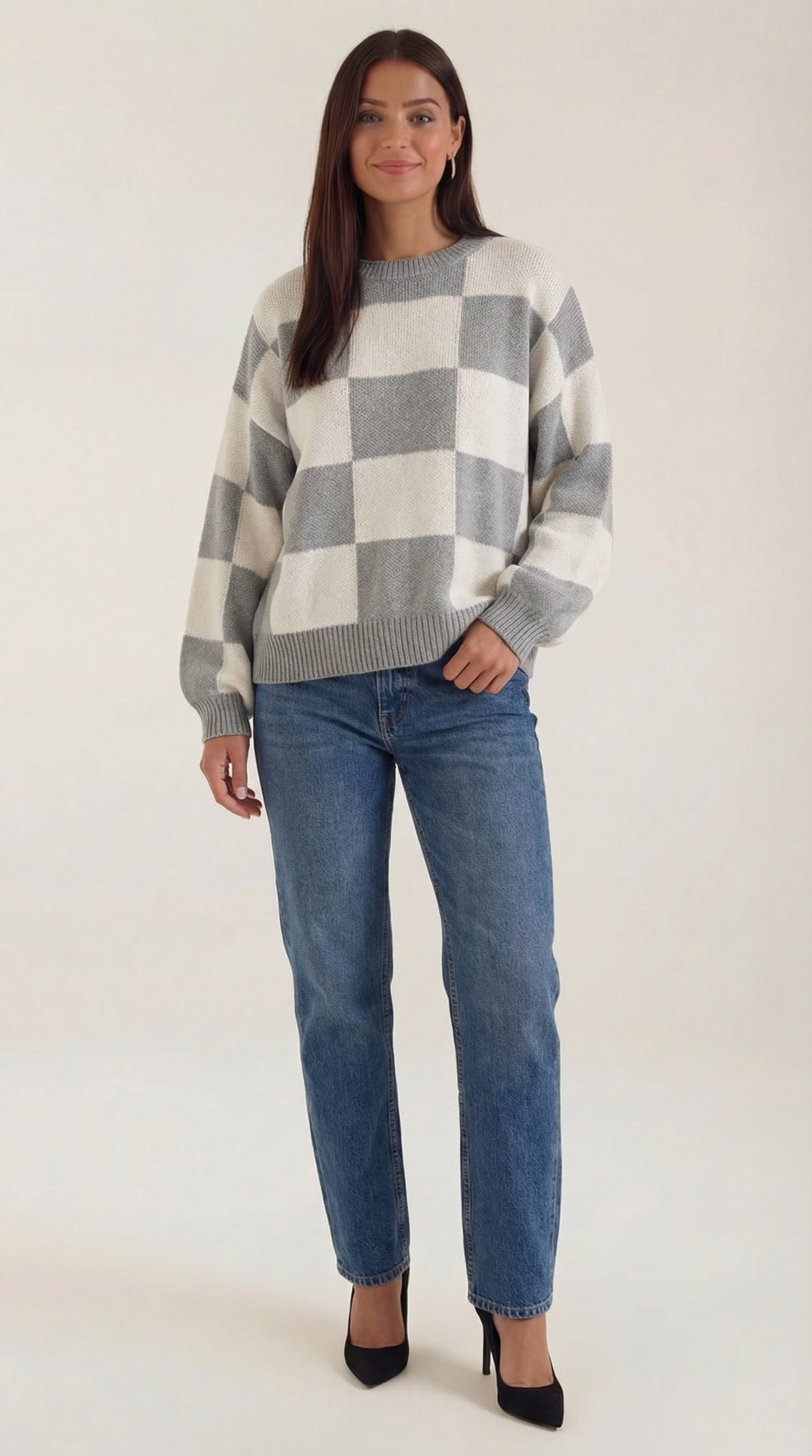Pullover mit Schachbrettmuster im Oversize-Schnitt für Damen - Hellgrau