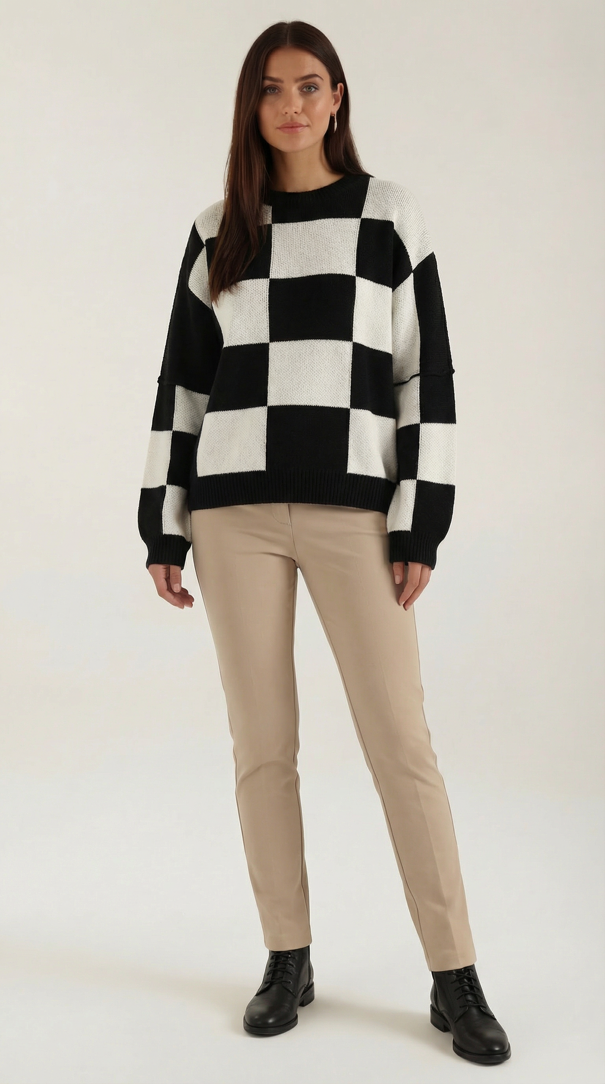 Pullover mit Schachbrettmuster im Oversize-Schnitt für Damen - Schwarz
