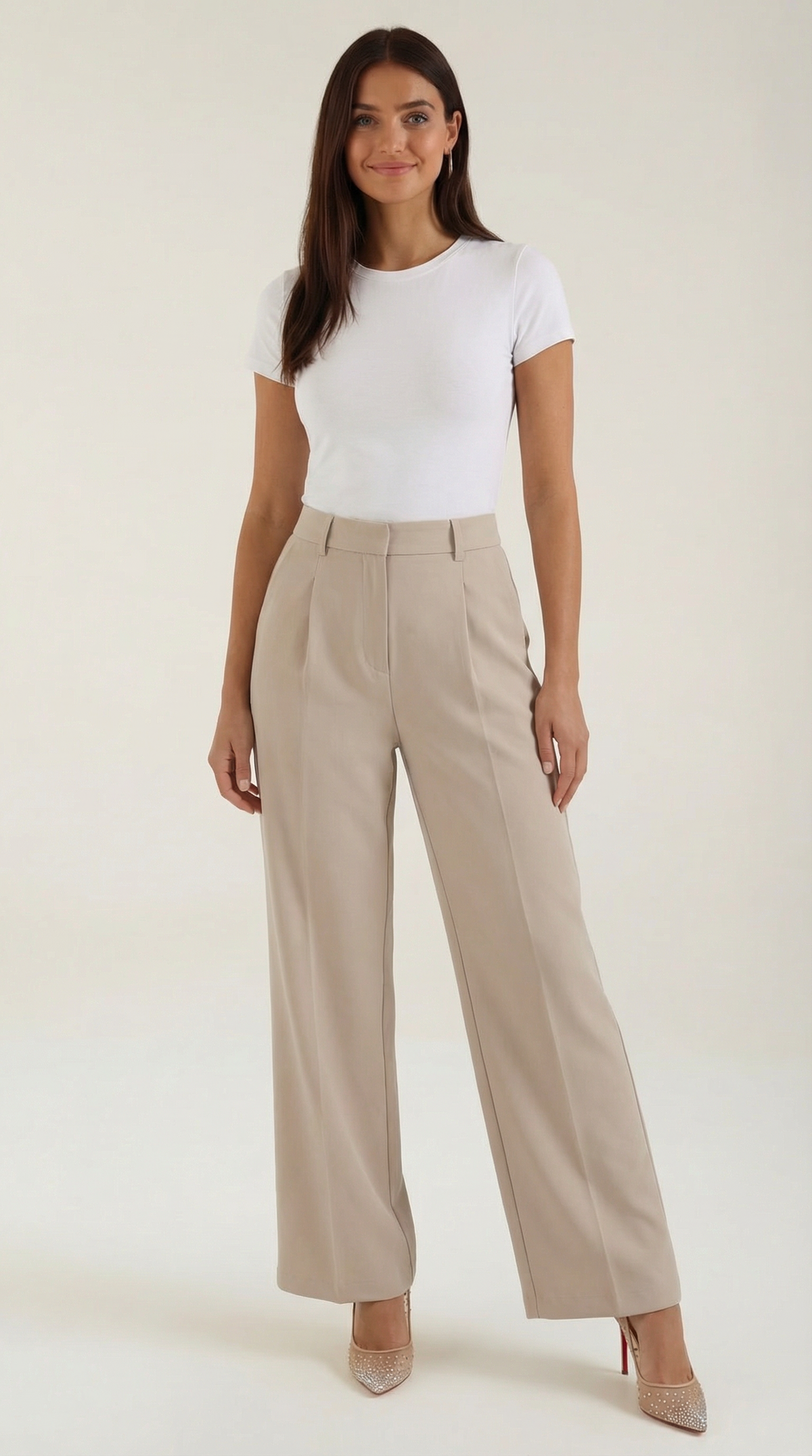 Stoffhose mit Bundfalten, hohem Bund und weitem Bein für Damen - Creme