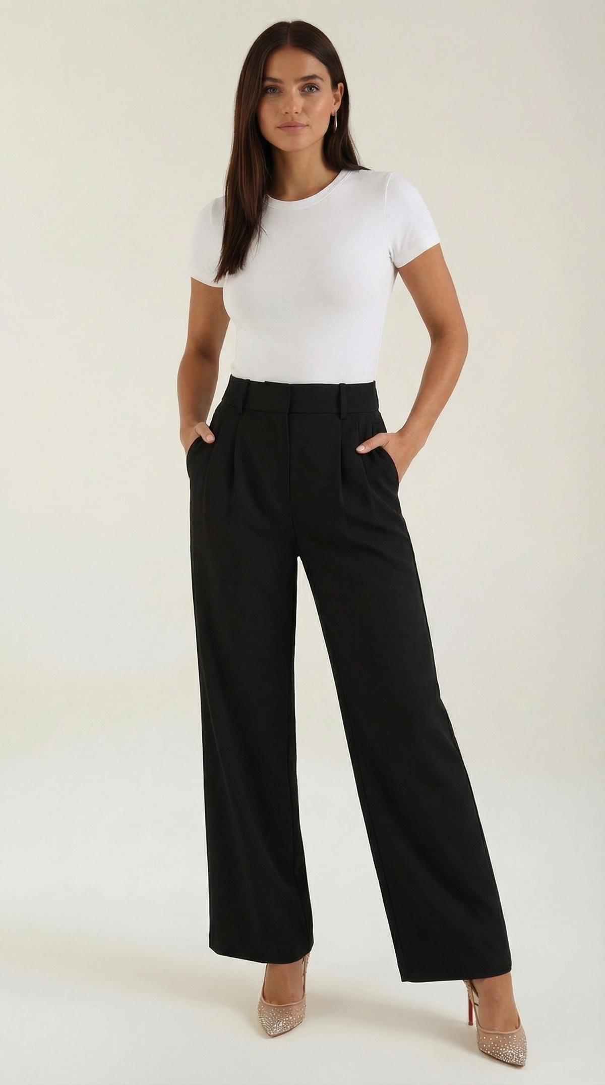 Stoffhose mit Bundfalten, hohem Bund und weitem Bein für Damen - Schwarz