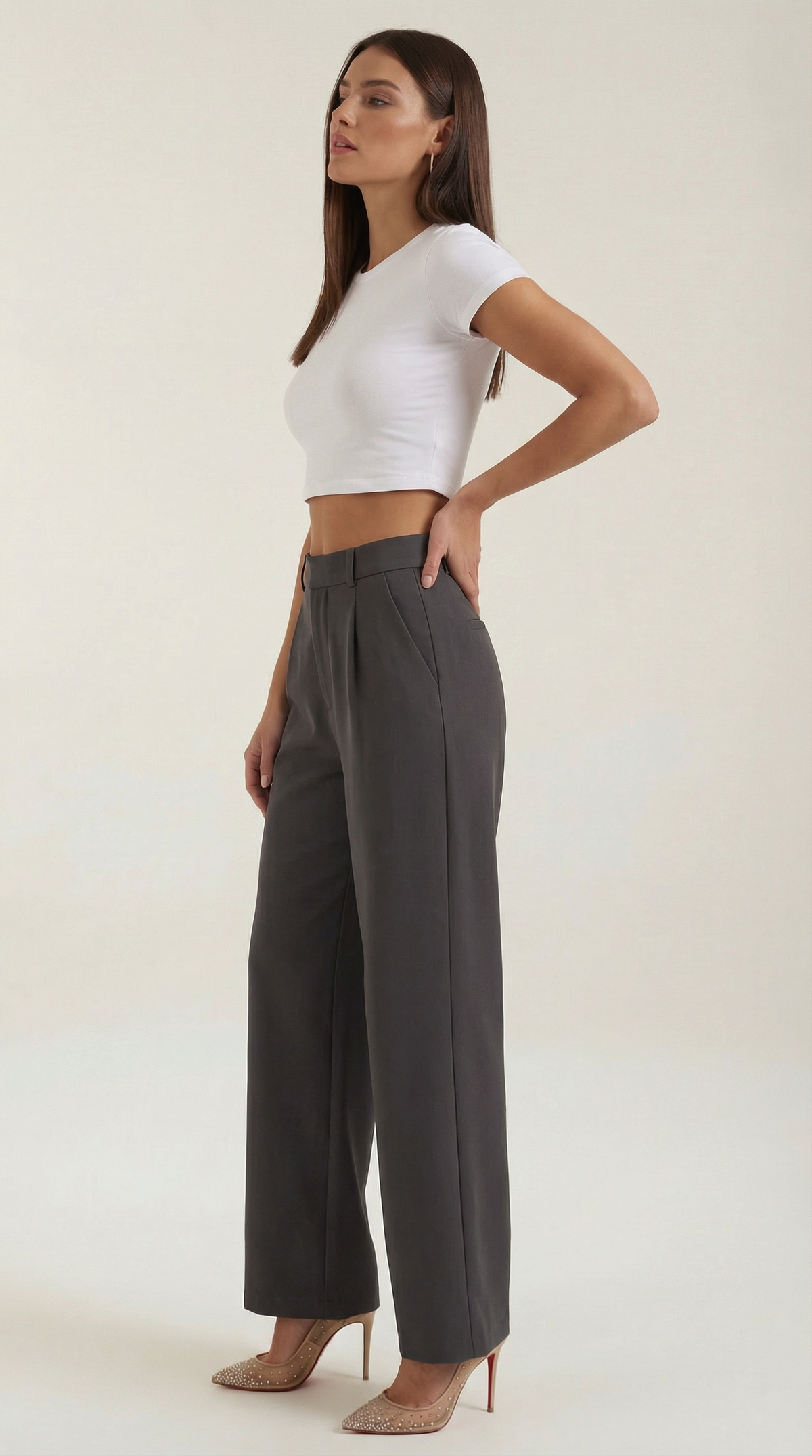 Stoffhose mit Bundfalten, hohem Bund und weitem Bein für Damen
