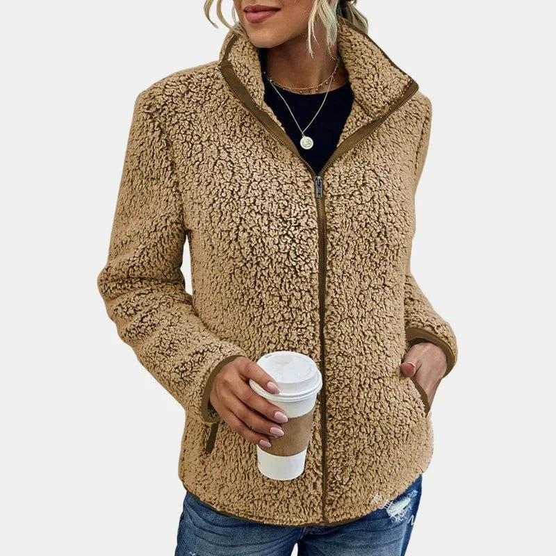 Fleecejacke Damen aus Teddyfleece mit Stehkragen, reguläre Passform