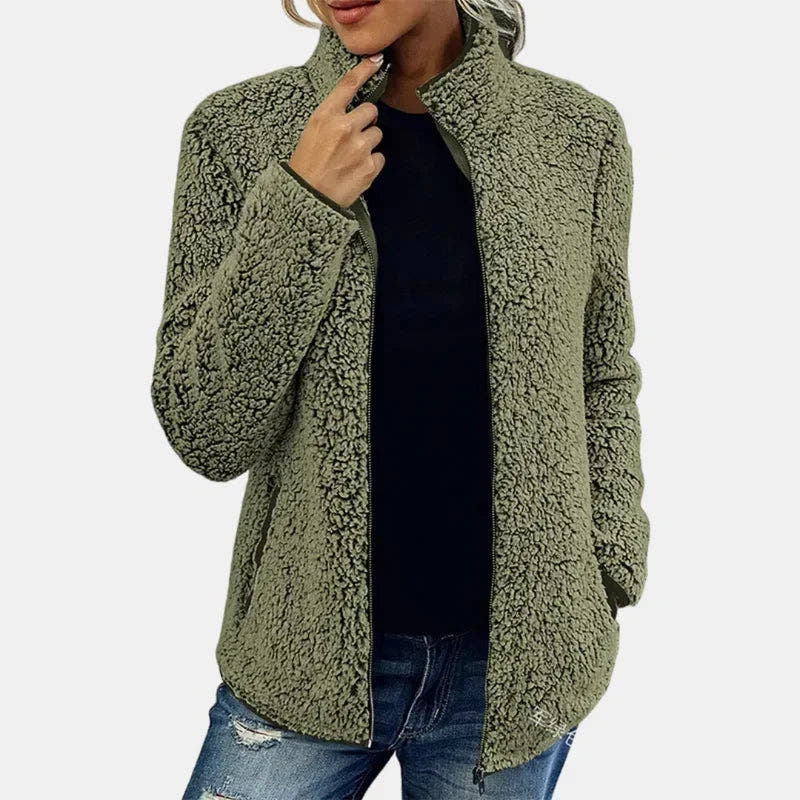 Fleecejacke Damen aus Teddyfleece mit Stehkragen, reguläre Passform