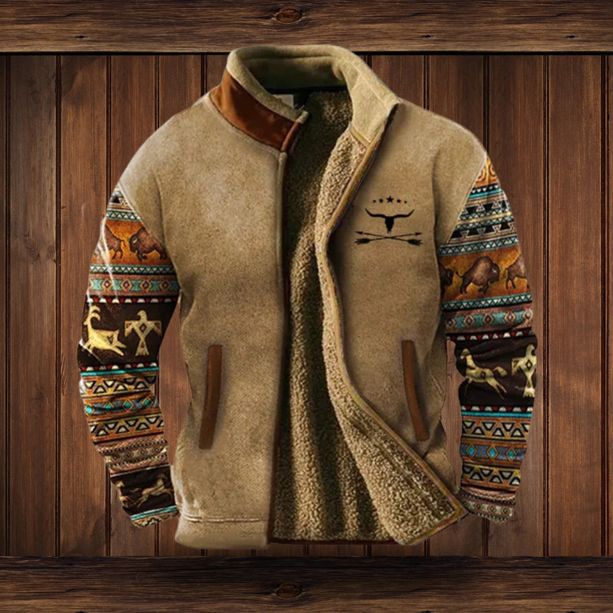Fleecejacke Herren mit Sherpa-Futter, locker und warm, Azteken-Muster