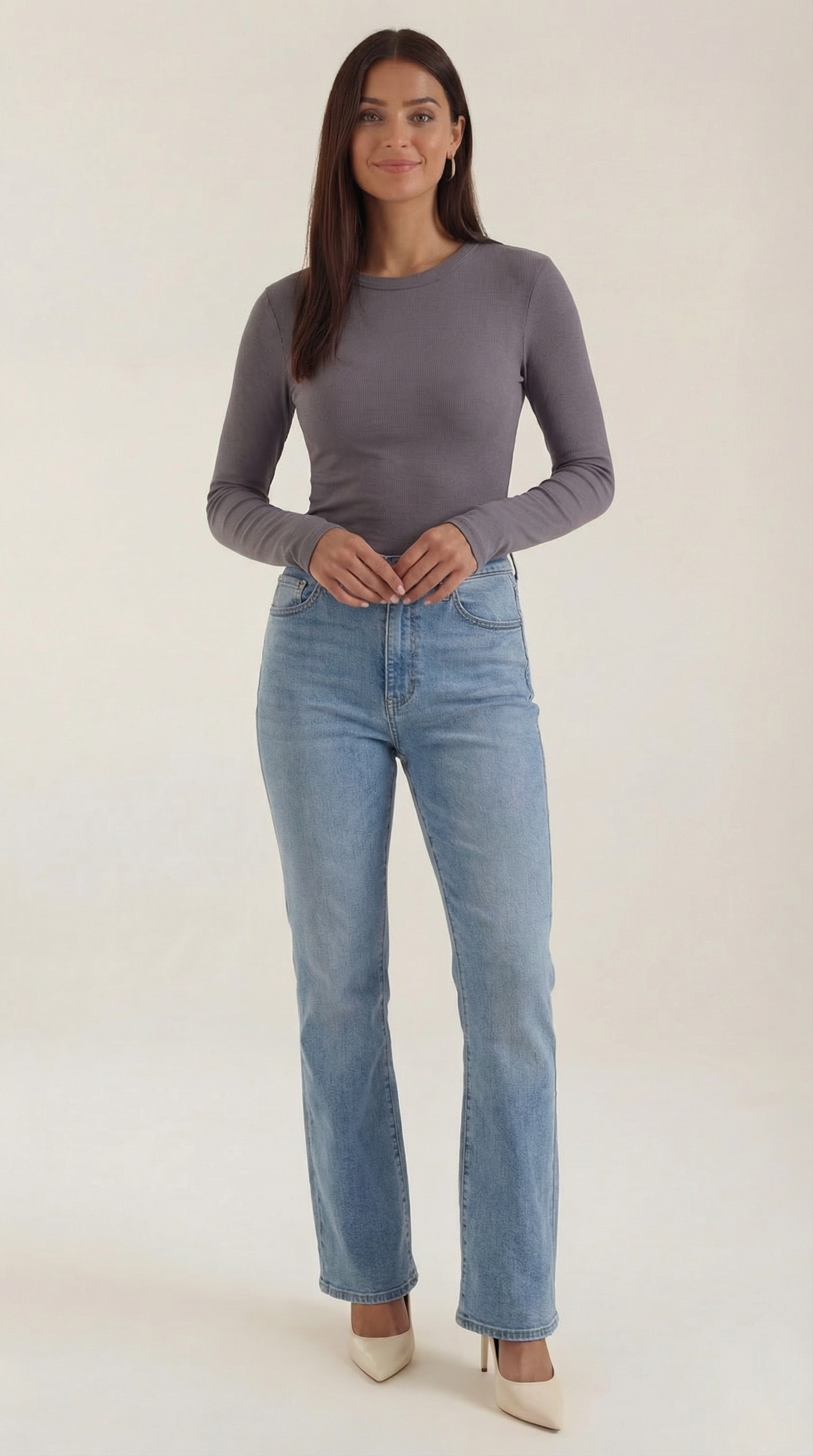 Langarmshirt mit Rundhalsausschnitt in Rippstruktur für Damen - Rauchgrau