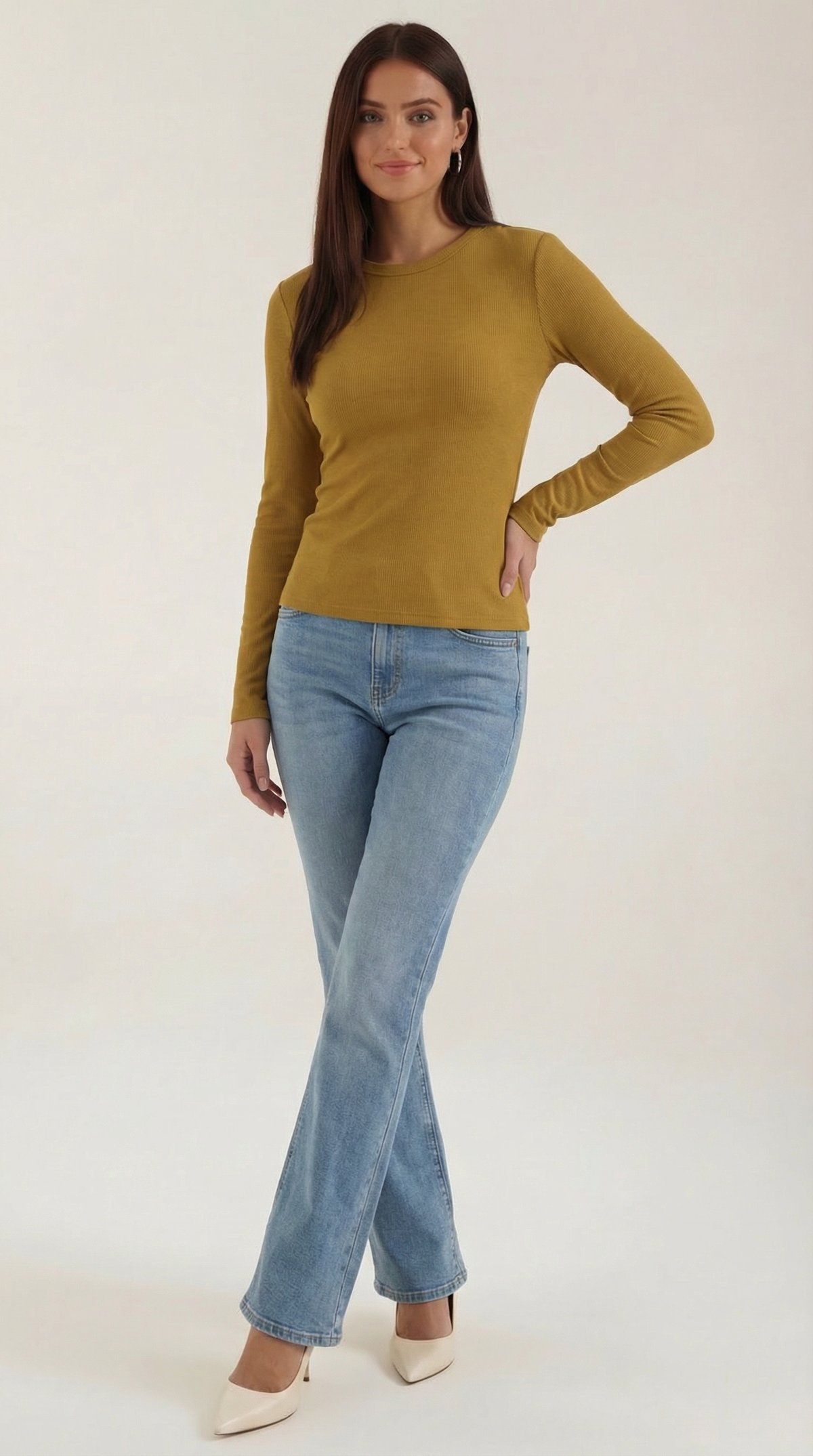 Langarmshirt mit Rundhalsausschnitt in Rippstruktur für Damen - Gelb