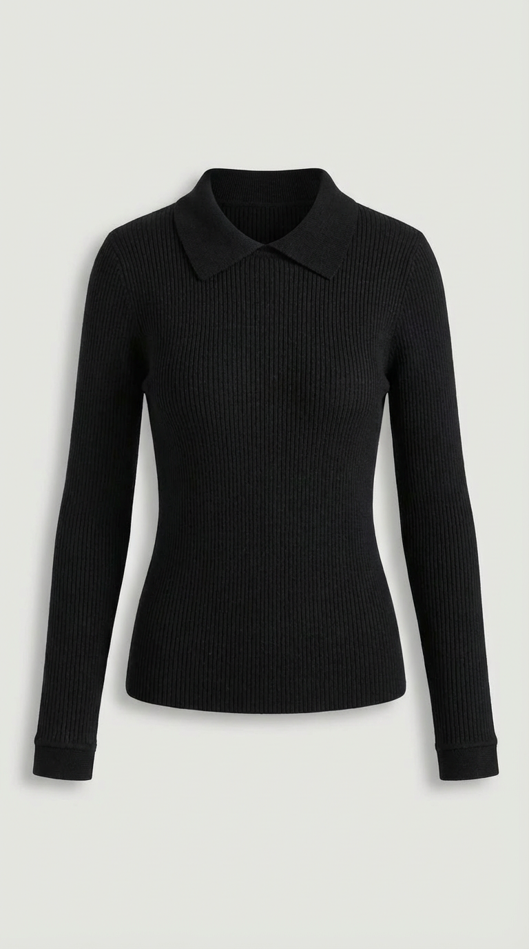 Langarmshirt in Wolloptik mit Kragen und Rippstruktur für Damen