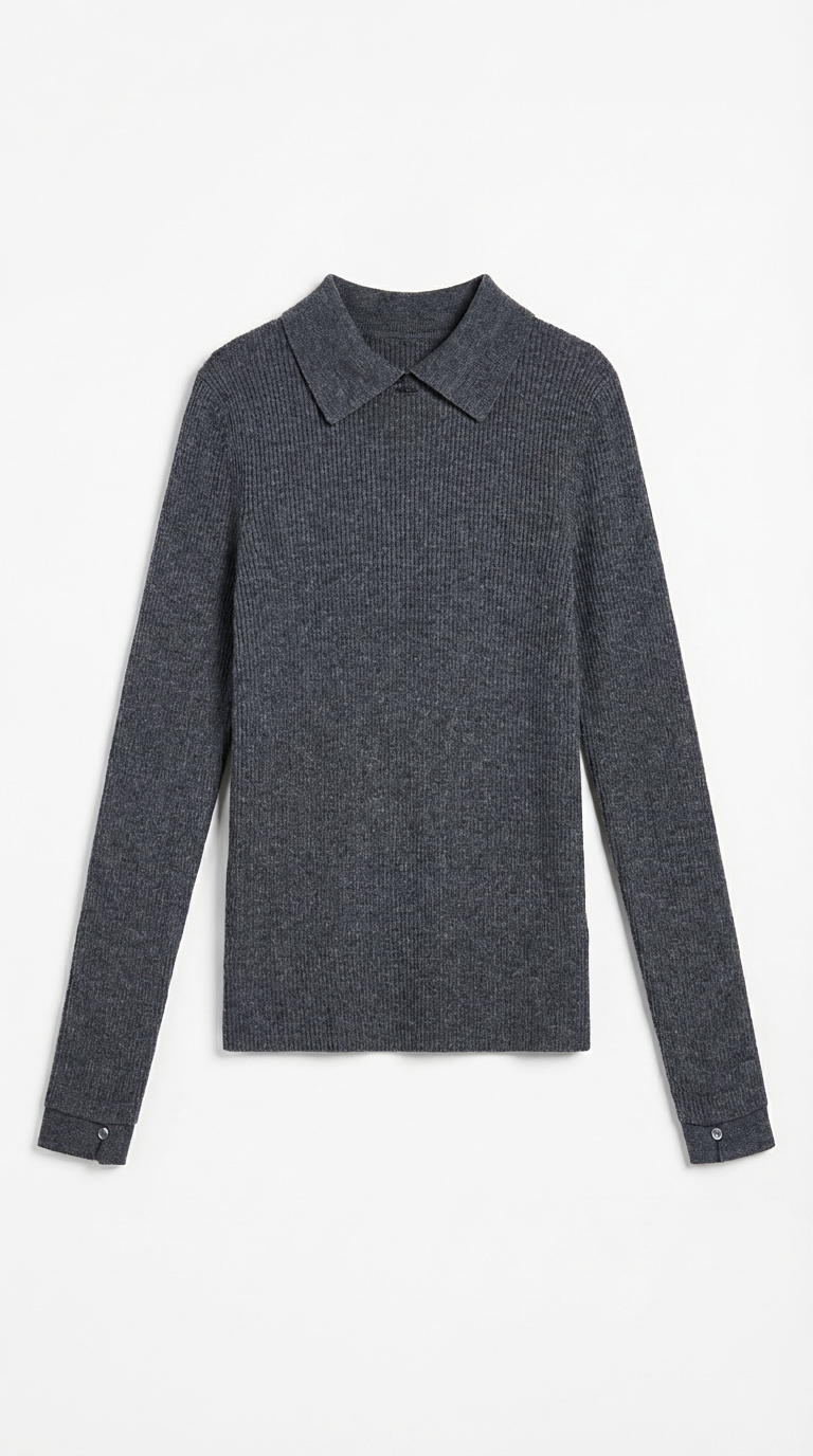 Langarmshirt in Wolloptik mit Kragen und Rippstruktur für Damen