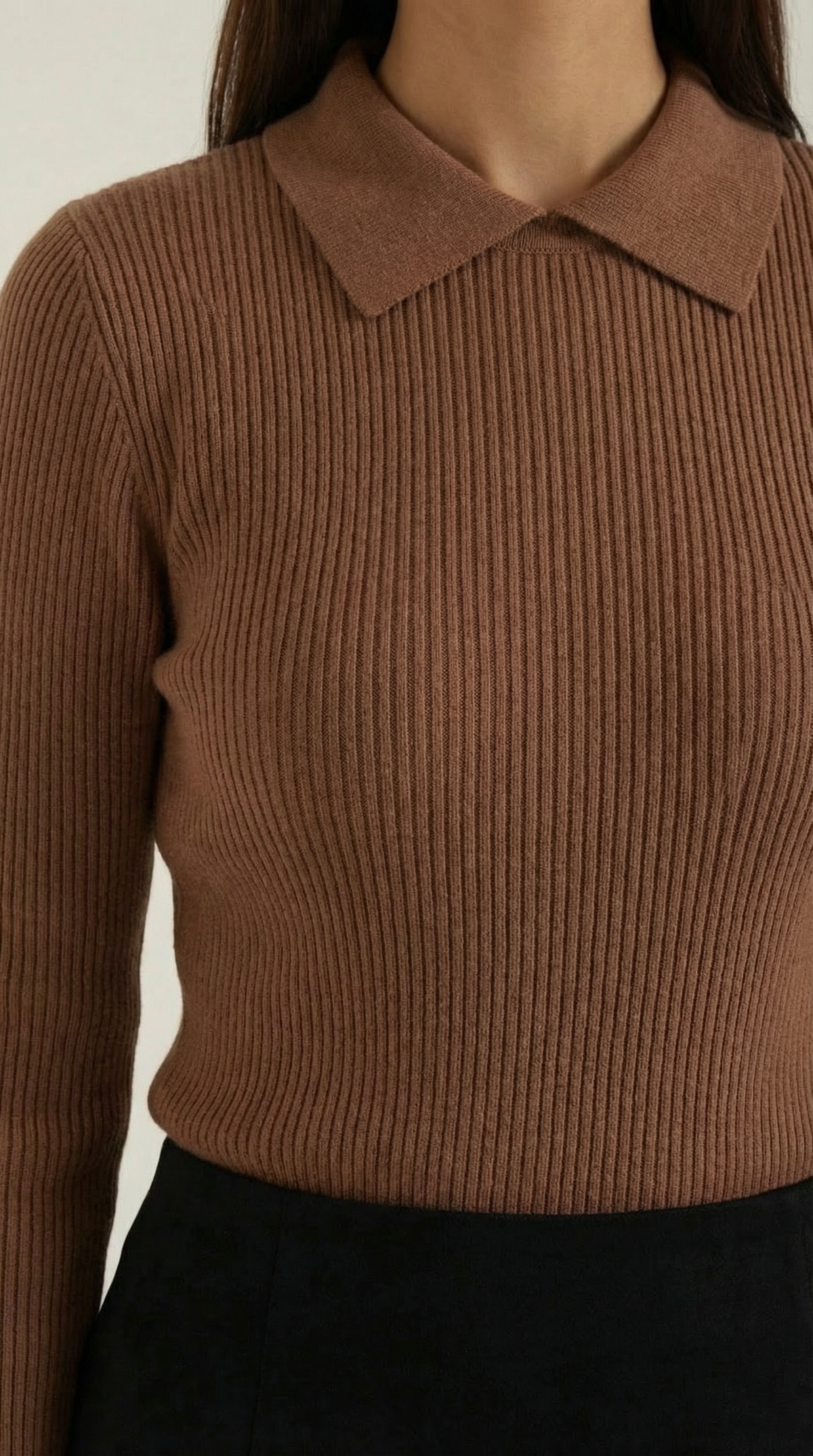 Langarmshirt in Wolloptik mit Kragen und Rippstruktur für Damen