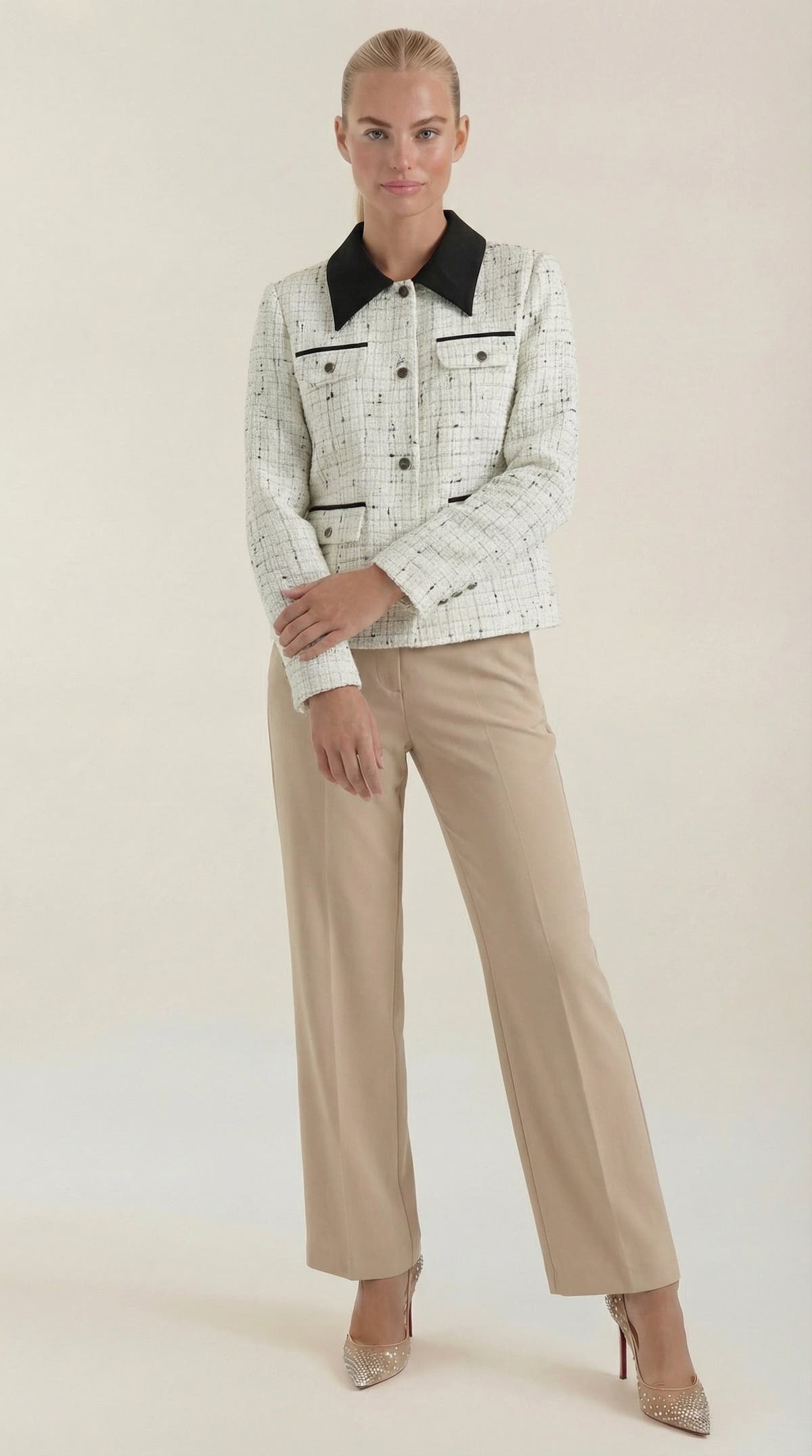 Jacke in Tweed-Optik mit Kontrastkragen und Knopfleiste für Damen - Weiss