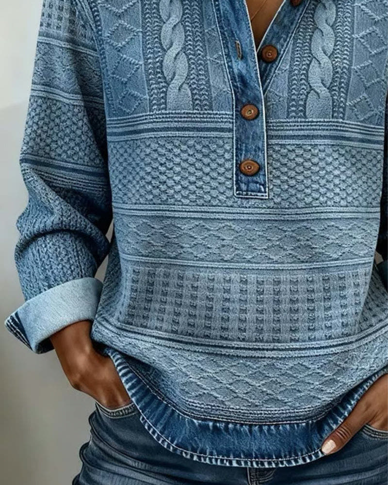 Hoodie Damen aus Strick in Jeansoptik mit Polokragen