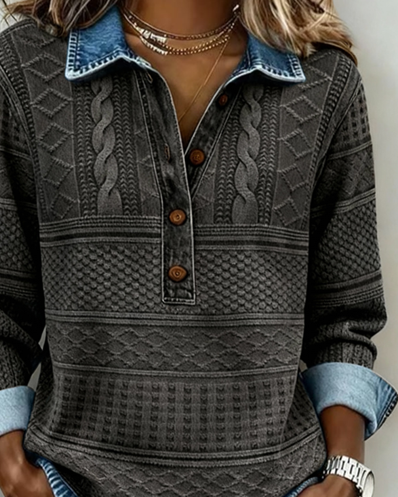 Hoodie Damen aus Strick in Jeansoptik mit Polokragen