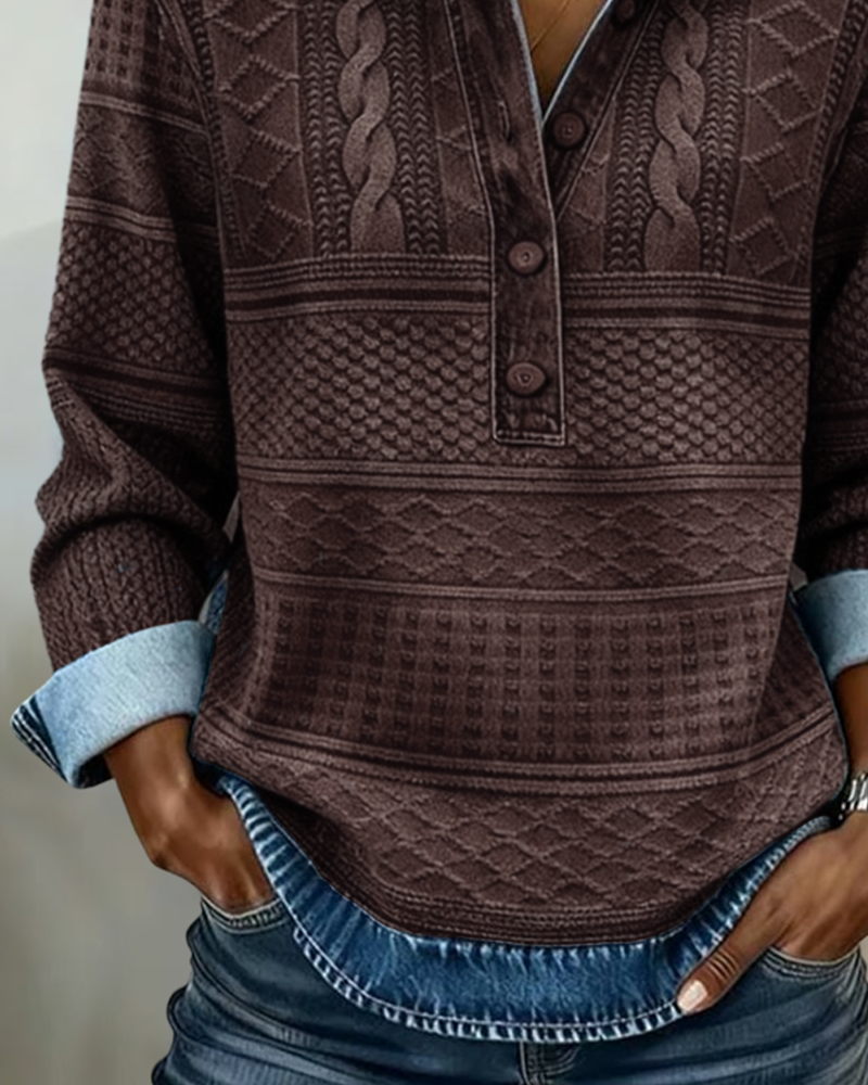 Hoodie Damen aus Strick in Jeansoptik mit Polokragen