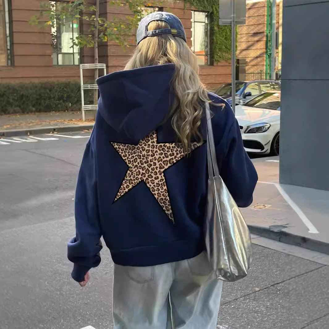 Hoodie Damen Oversize mit Leopardenstern auf dem Rücken