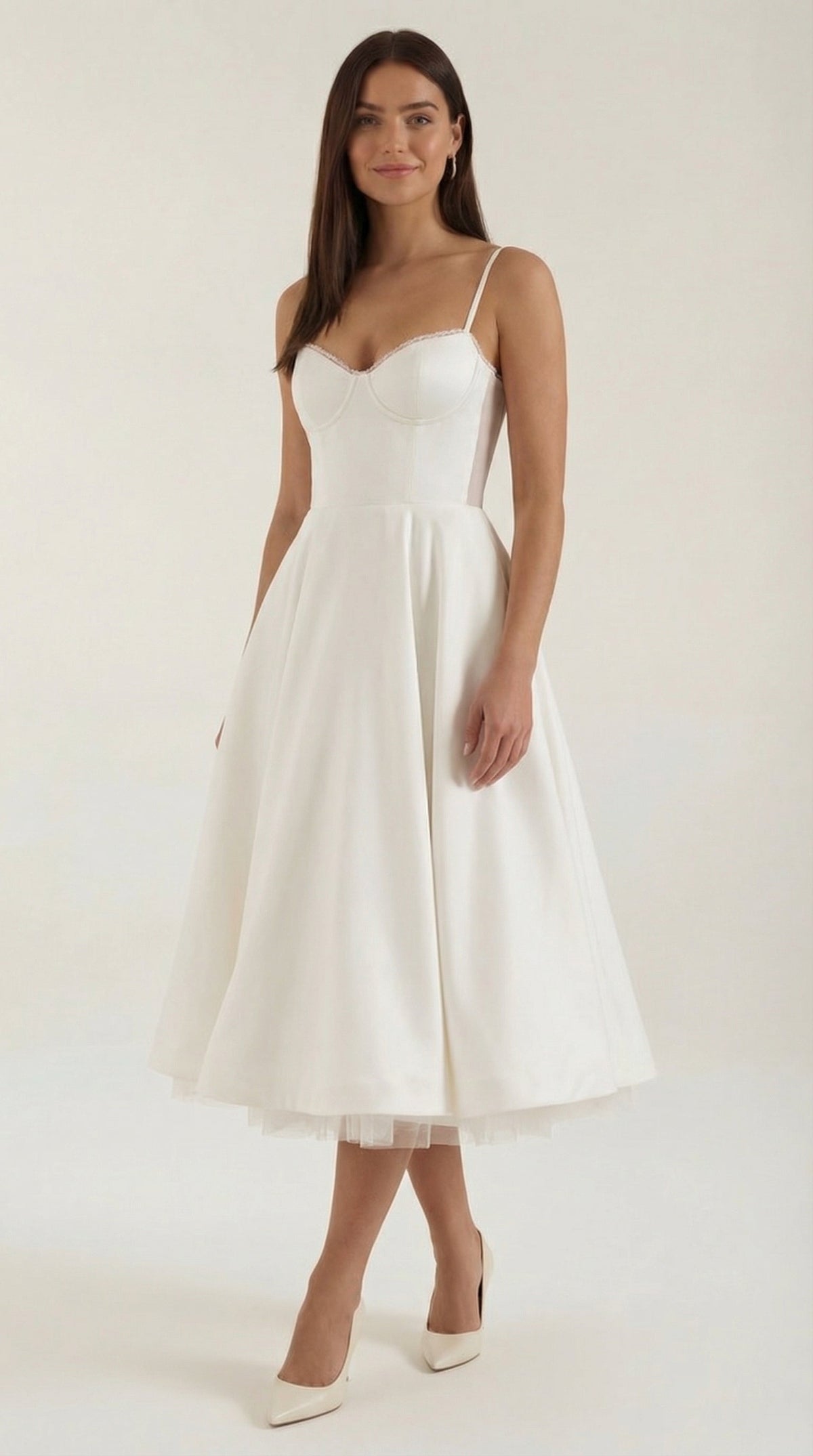 Midikleid mit Herzausschnitt, Tüllrock und Taschen für Damen - Weiss