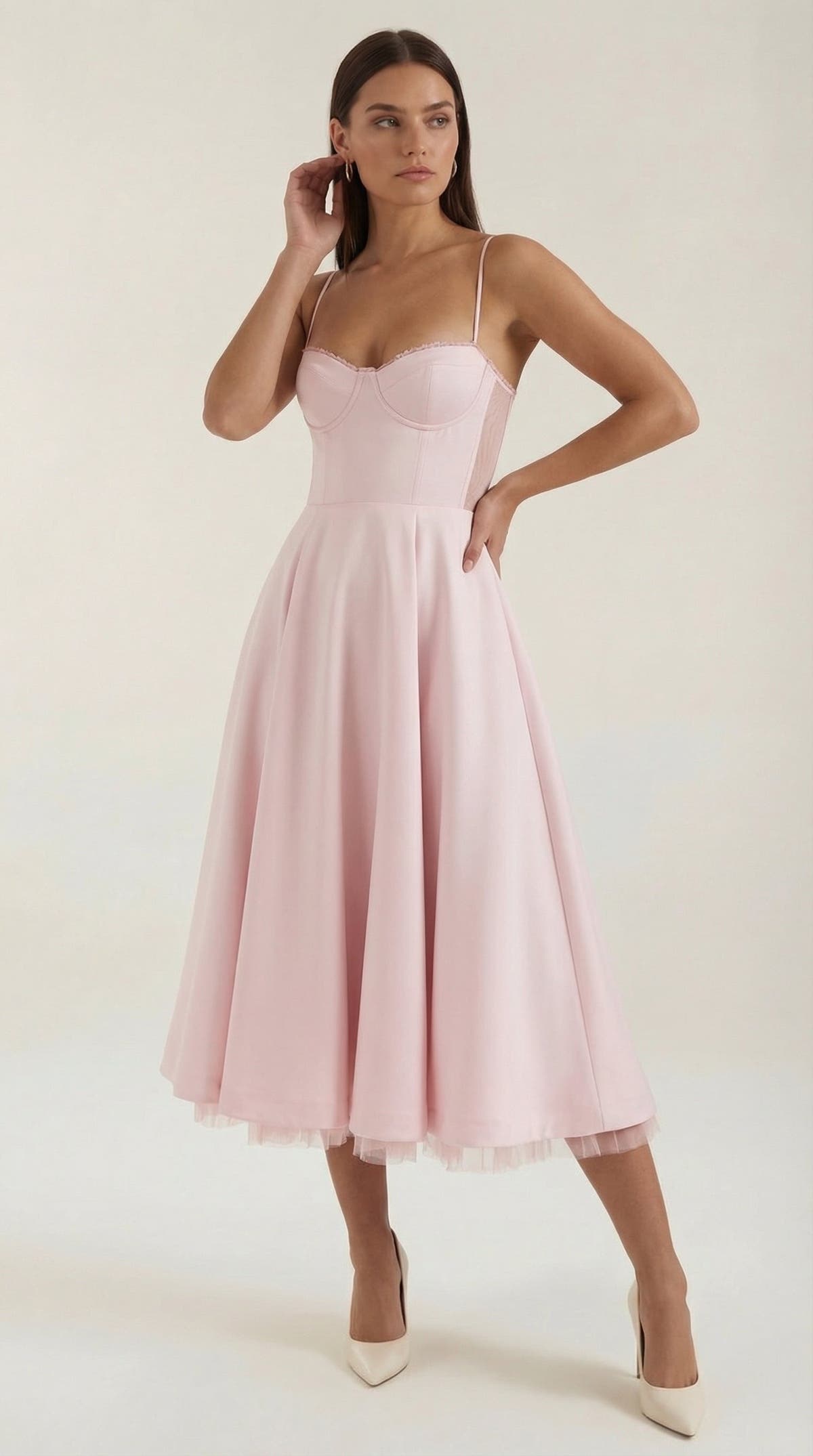 Midikleid mit Herzausschnitt, Tüllrock und Taschen für Damen - Rosa