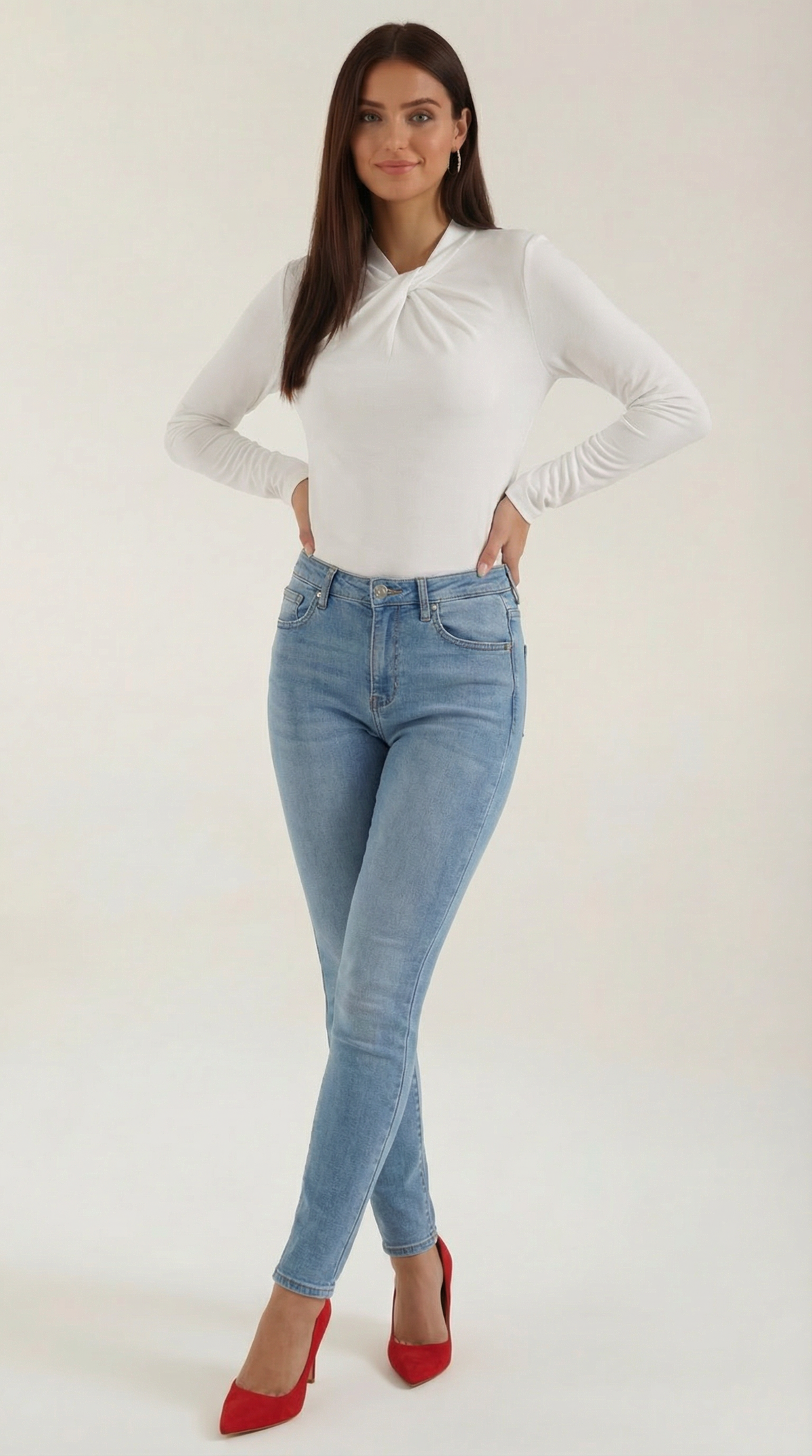 Bluse mit Knotendetail, Stehkragen und langen Ärmeln für Damen - Weiss