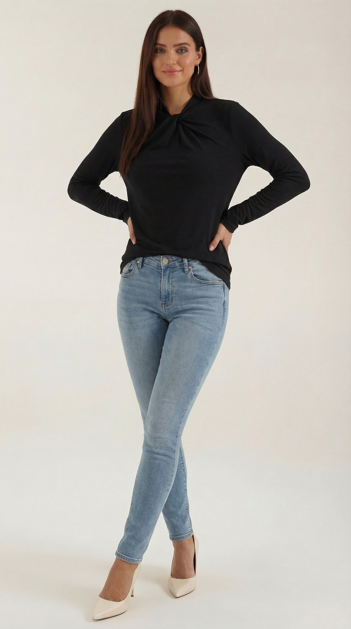 Bluse mit Knotendetail, Stehkragen und langen Ärmeln für Damen - Schwarz