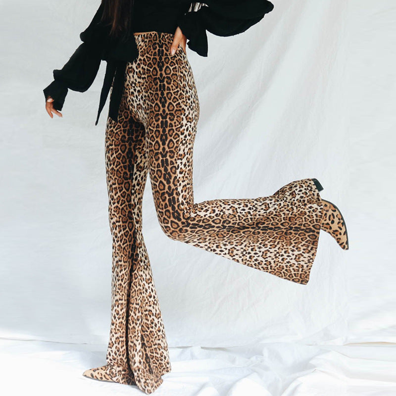 Jeans Damen elastisch mit hohem Bund und Schlag, Leopardenmuster