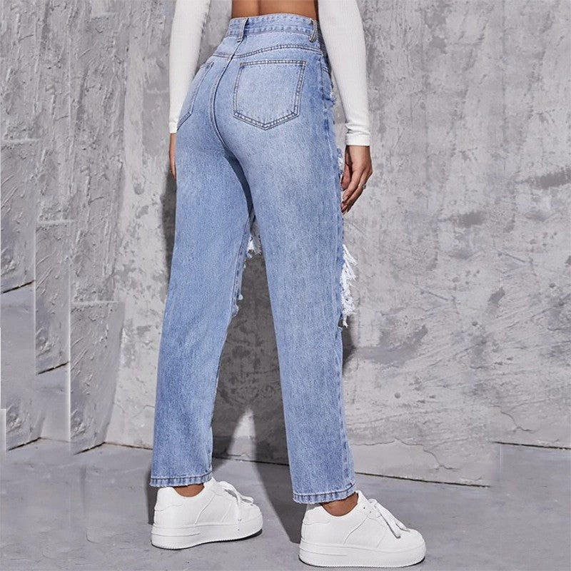 Jeans Damen mit hohem Bund, geradem Bein und markanten Rissen