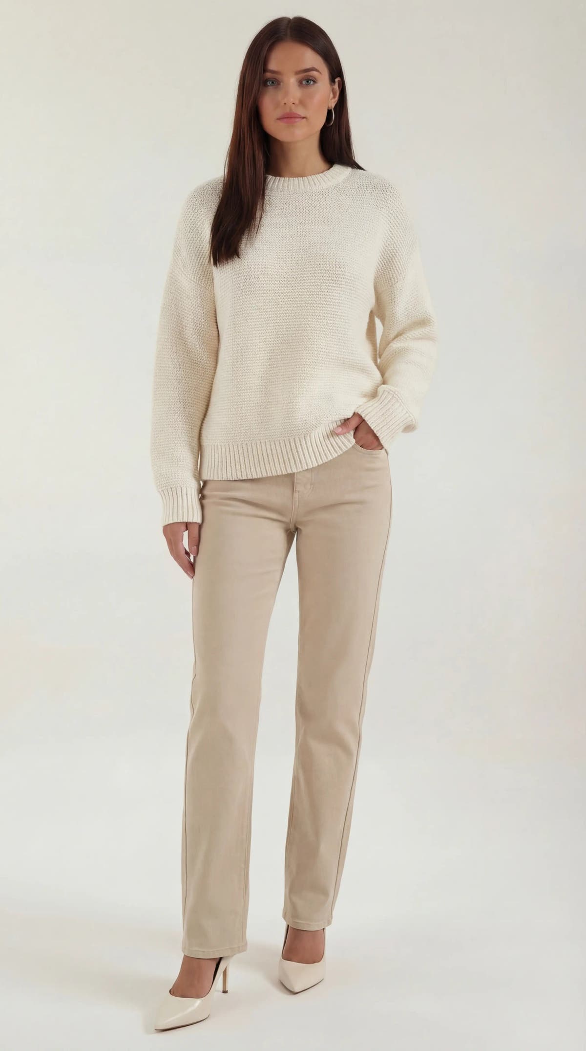 Pullover mit Rundhalsausschnitt und Rippbündchen für Damen - Creme