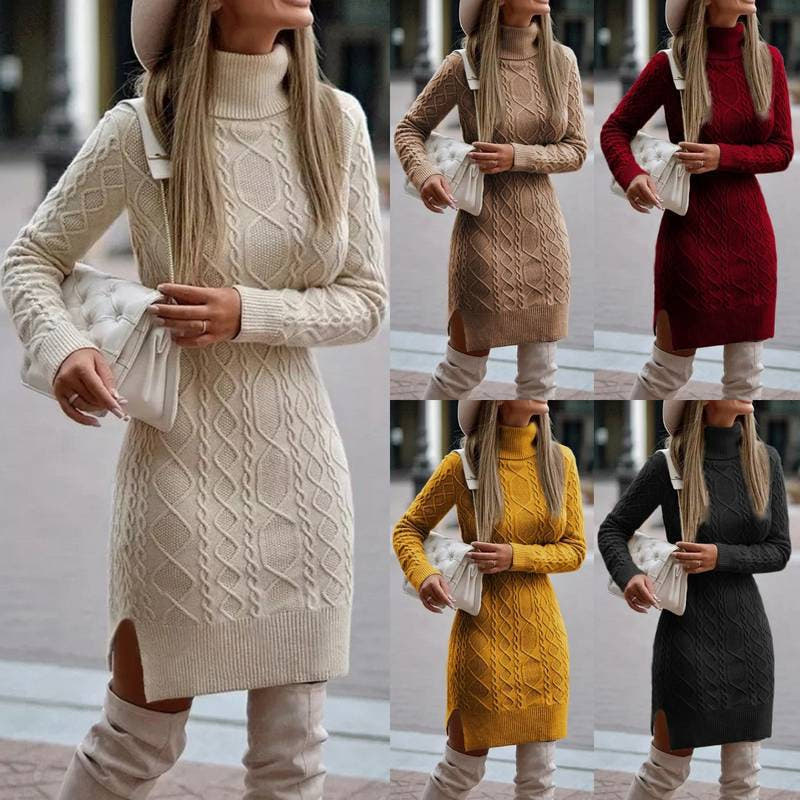 Strickkleid mit Zopfmuster, Rollkragen und Seitenschlitz für Damen