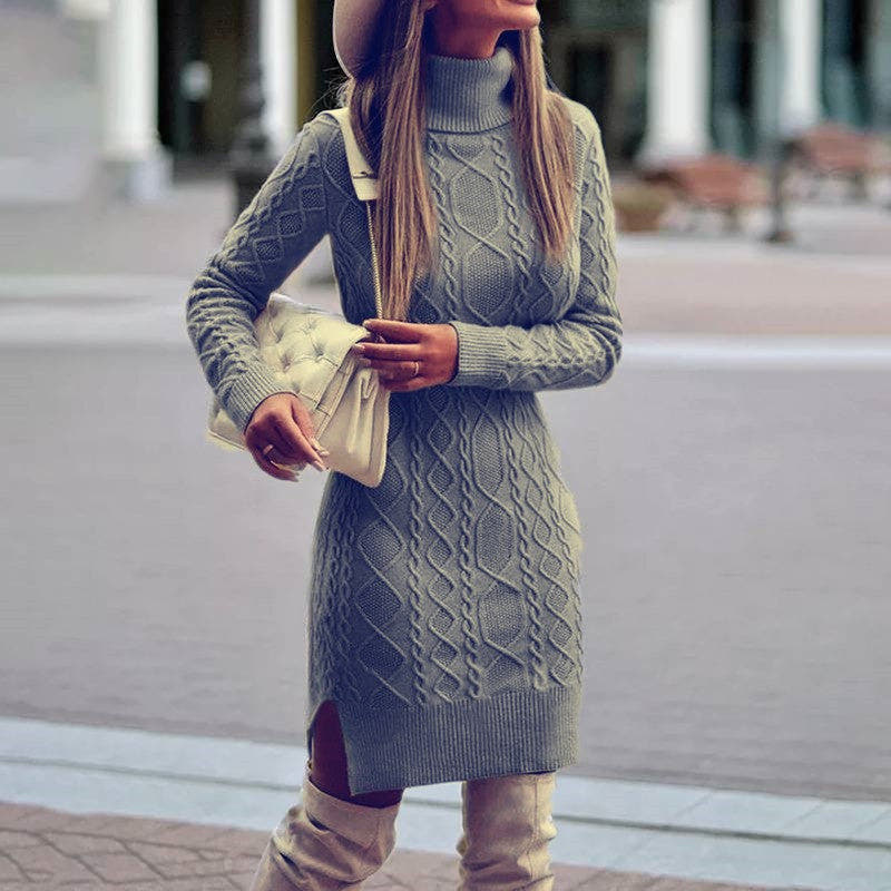 Strickkleid mit Zopfmuster, Rollkragen und Seitenschlitz für Damen