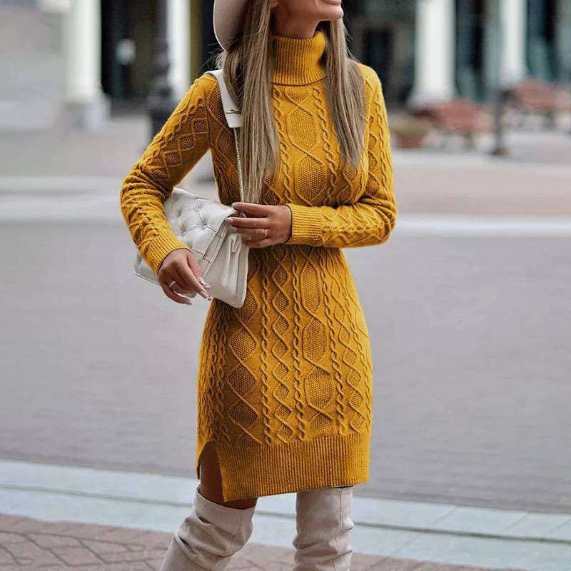 Strickkleid mit Zopfmuster, Rollkragen und Seitenschlitz für Damen
