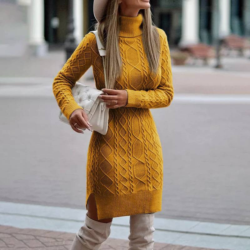 Strickkleid mit Zopfmuster, Rollkragen und Seitenschlitz für Damen