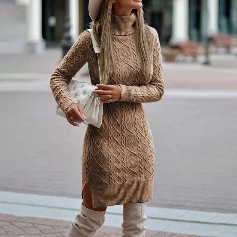 Strickkleid mit Zopfmuster, Rollkragen und Seitenschlitz für Damen