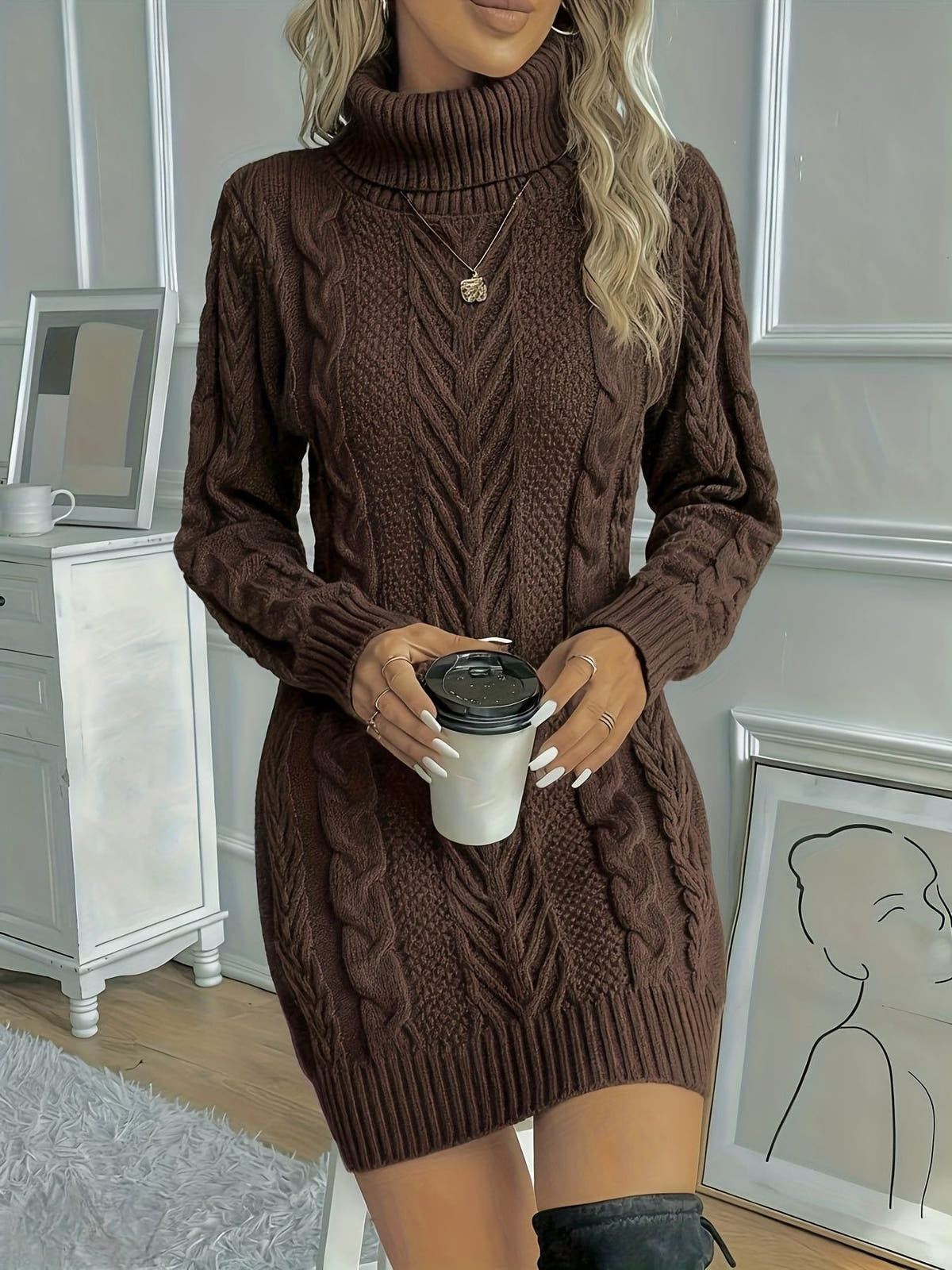 Strickkleid mit Grobstrick, Zopfmuster und Rollkragen für Damen