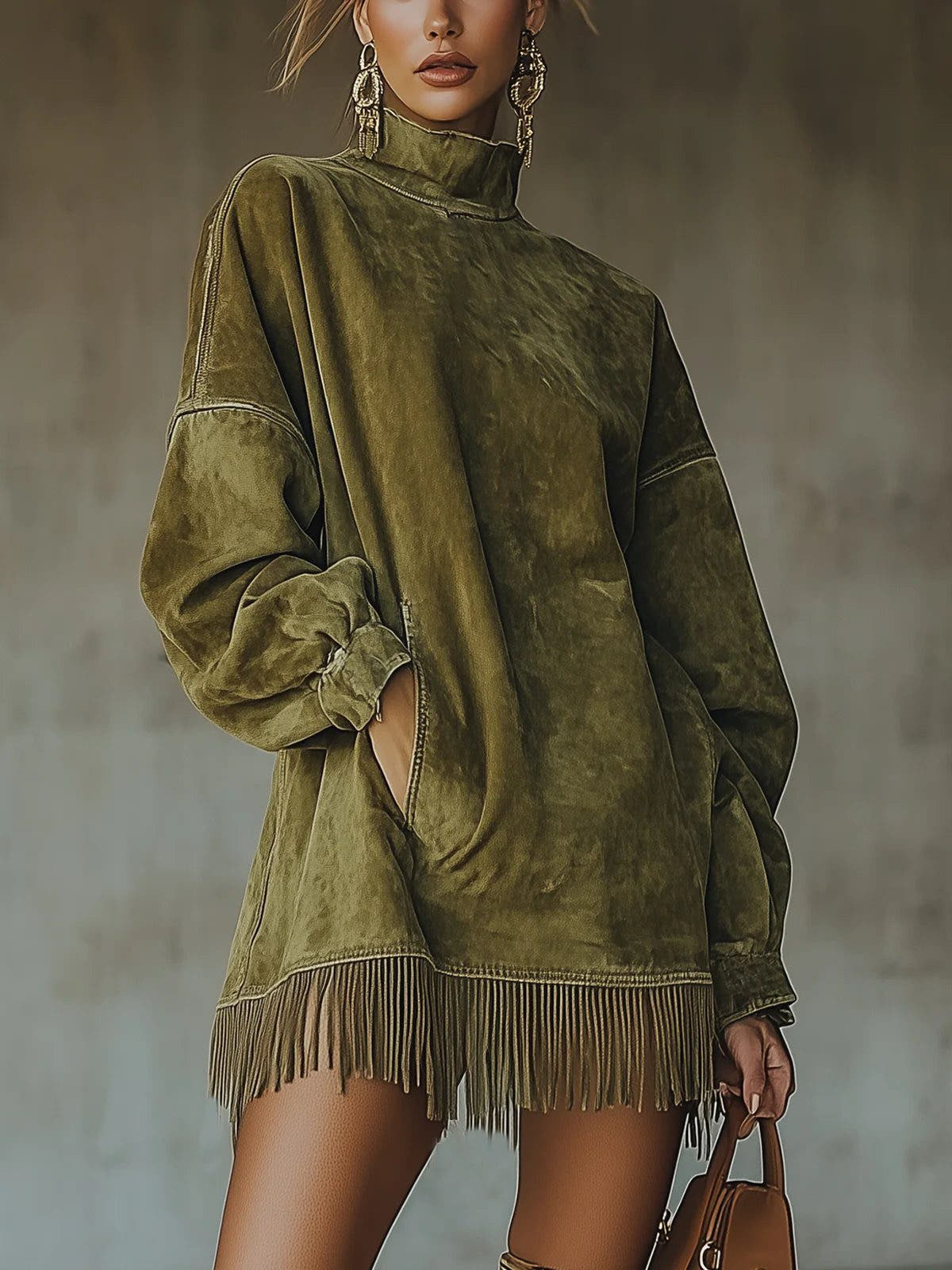 Strickkleid in Minilänge mit Stehkragen und Fransensaum für Damen