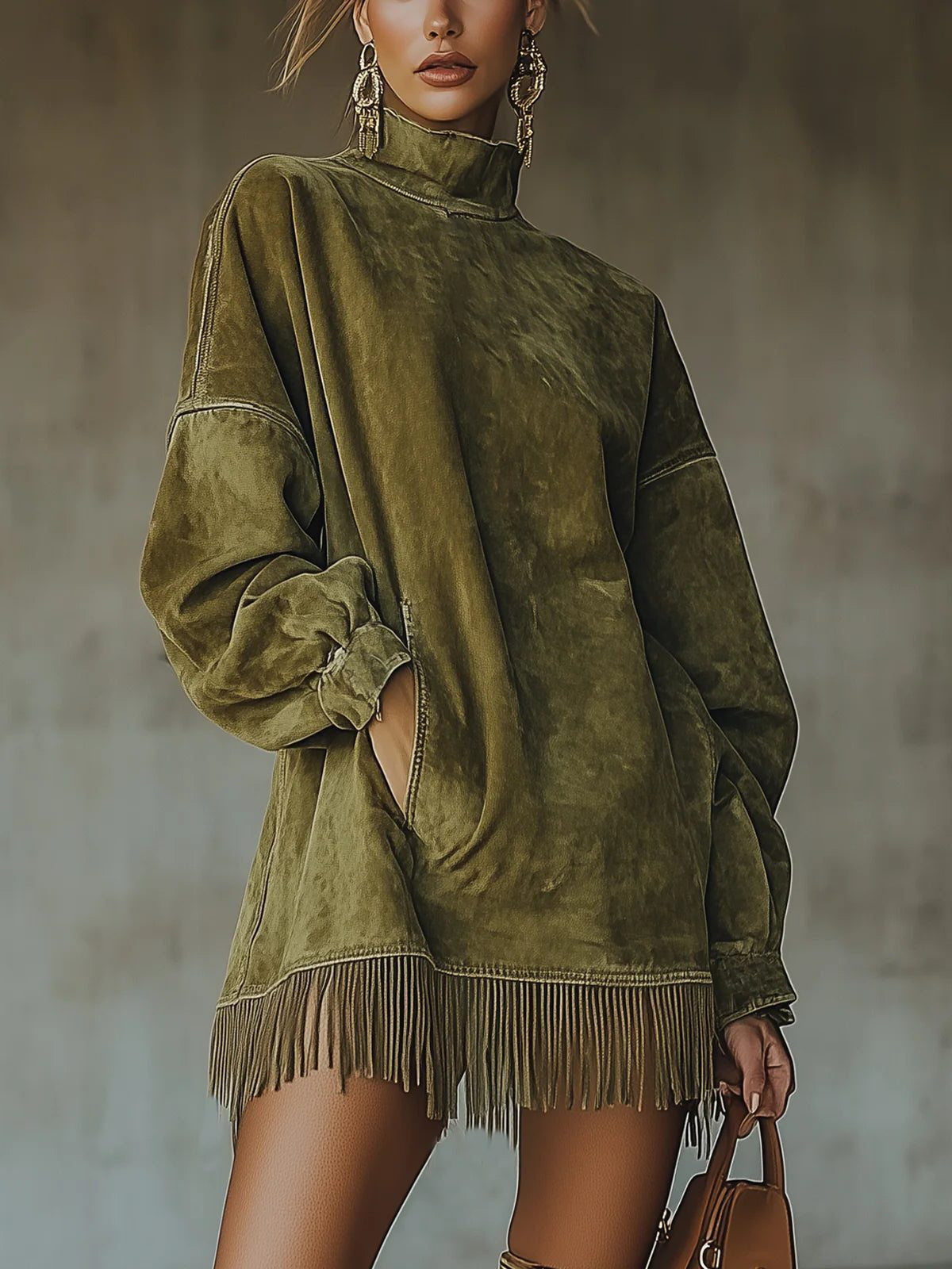 Strickkleid in Minilänge mit Stehkragen und Fransensaum für Damen