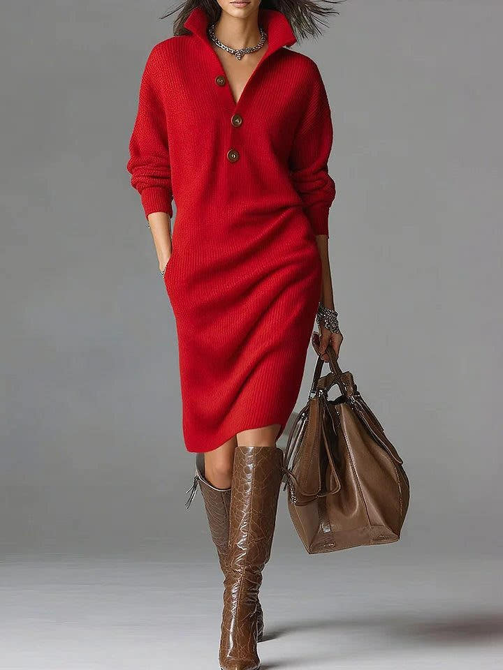 Knielanges Strickkleid mit Knopfleiste und Rippstrick für Damen