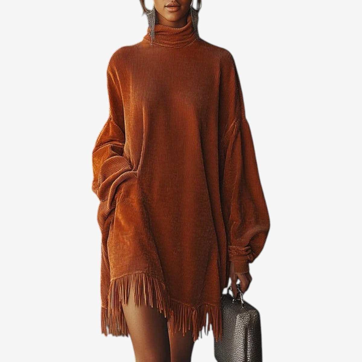 Strickkleid mit Rollkragen, Fransensaum und Oversize-Schnitt für Damen