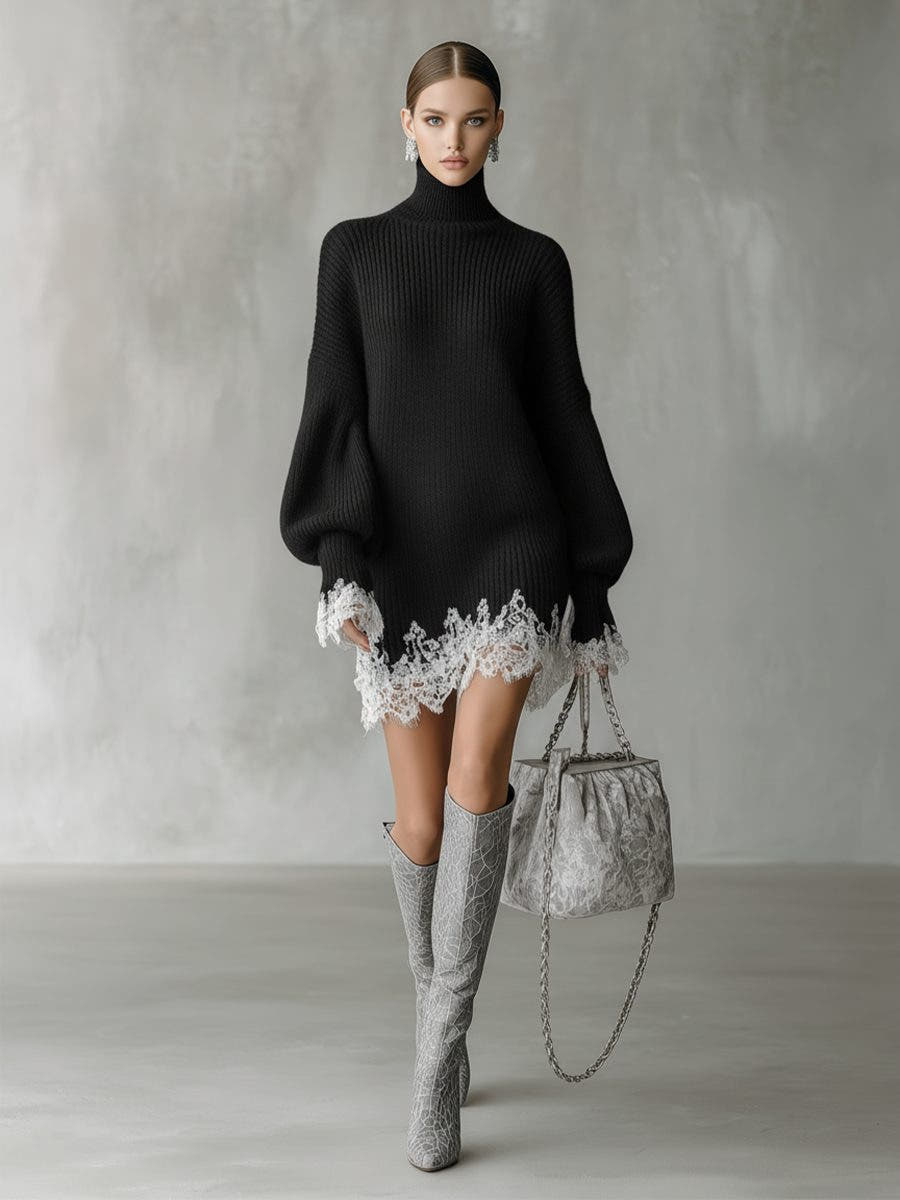Strickkleid mit Rollkragen, Spitzensaum und Puffärmeln für Damen